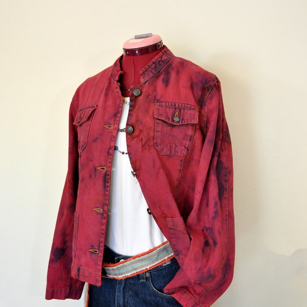 Wine Large Denim Jacket - Scarlet Crimson Red Dyed Upcycled Sonoma Denim Military Blazer Jacket - Adult Womens Size Large (42" chest)