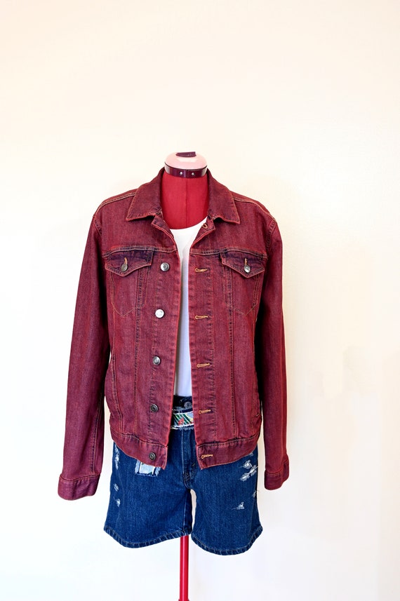Red Mens Small Denim JACKET - Wine Red Solid Dyed… - image 3