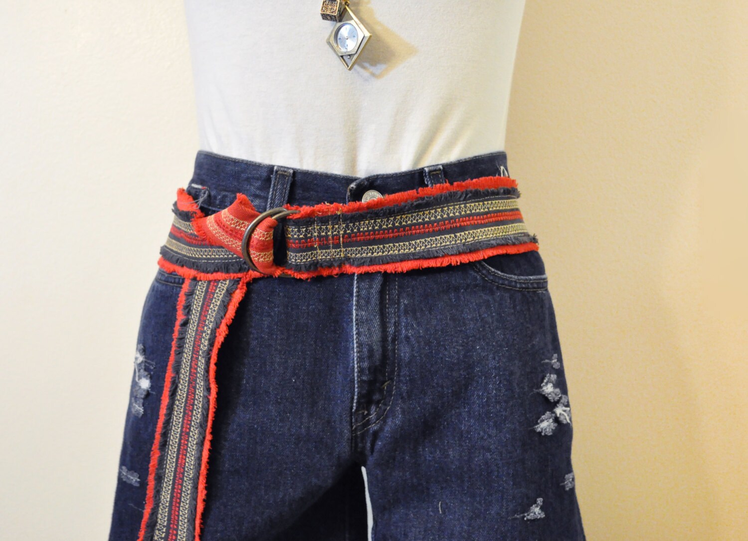 Denim Belt Custom Upcycled Lace Embroidered Size 31 32 Upcycling old belts with denim and embroidery main image 2