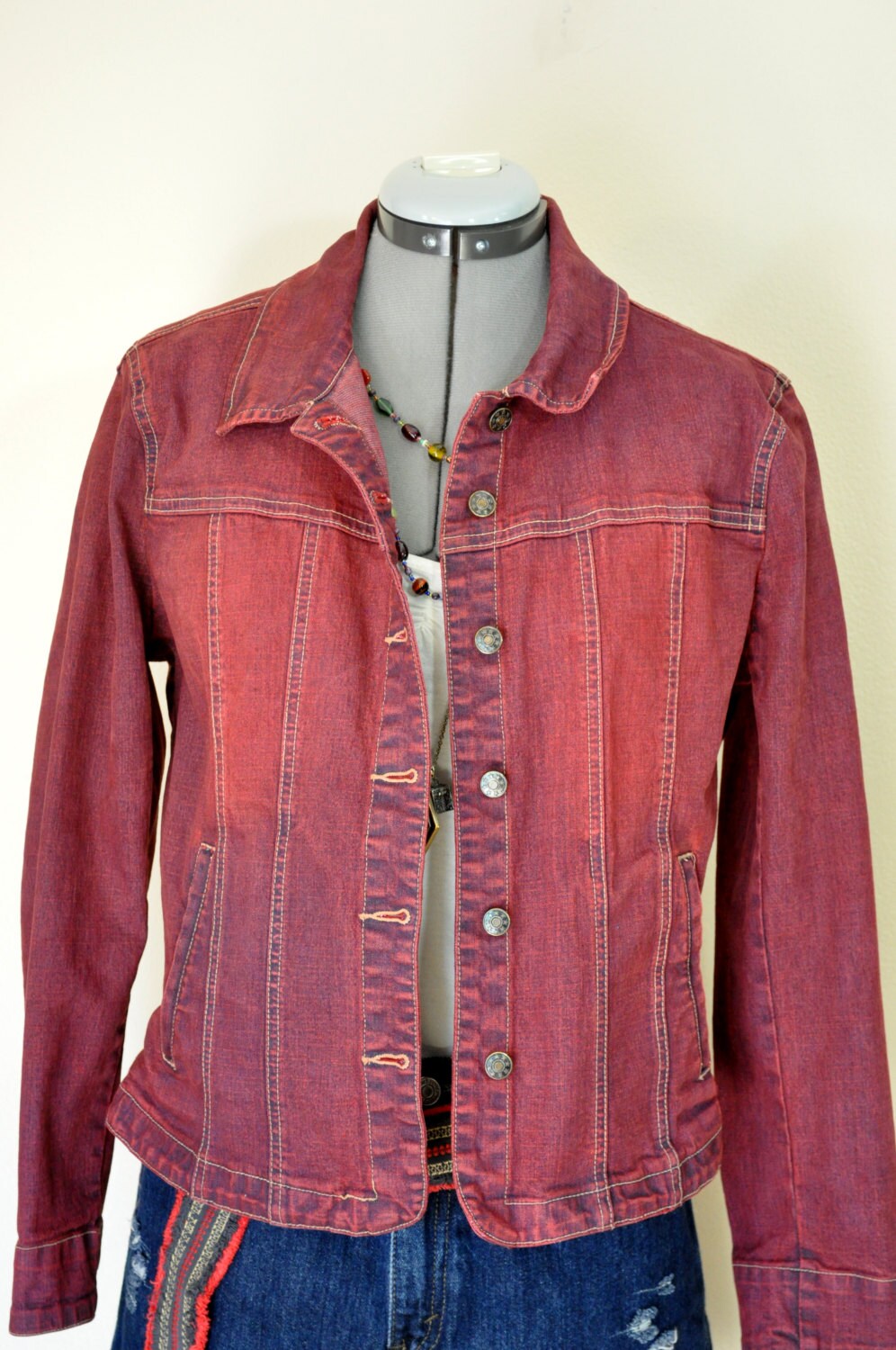 Red Petite Large Denim JACKET Scarlet Red Dyed Upcycled Live Etsy