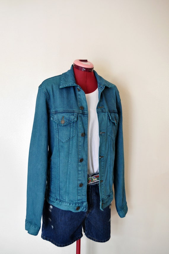 Teal Mens Small Denim JACKET Blue Green Dyed Vintage Upcycled