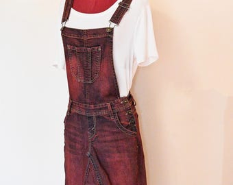 Red Dyed Womens Juniors Small Upcycled Wallflower Denim Overall DRESS (30" Waist)