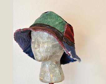 Dyed Denim 24" Beach Bucket Sun HAT #143 - Rustic Red Purple Green Pink Blue Dyed Upcycled Denim Fringed Frayed - Adult Extra Large XL  24"