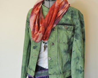 Green Small Denim JACKET - Apple Green Dyed Upcycled Garnet Hill Denim Trucker Jacket - Adult Womens Size Small (36" chest)