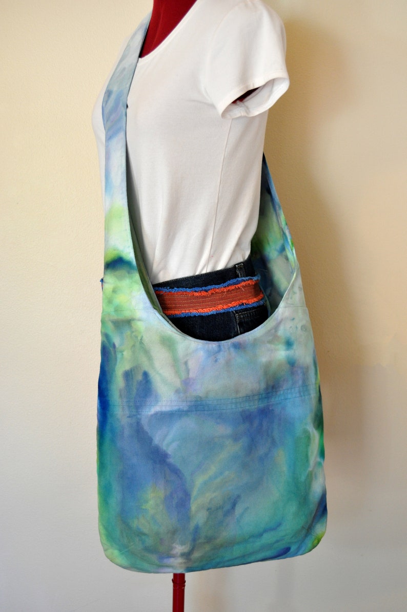 Hand Made Ice Dyed Cotton Denim Handbag Over the Shoulder Messenger Book Laptop Tote 40 Blue Green Dyed Canvas Handbag Satchel