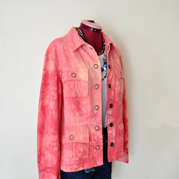 Pink Large Cotton Jacket - Strawberry Red Dyed Upcycled a.n.a. Cotton Safari Blazer Jacket - Adult Women Large (46 chest)