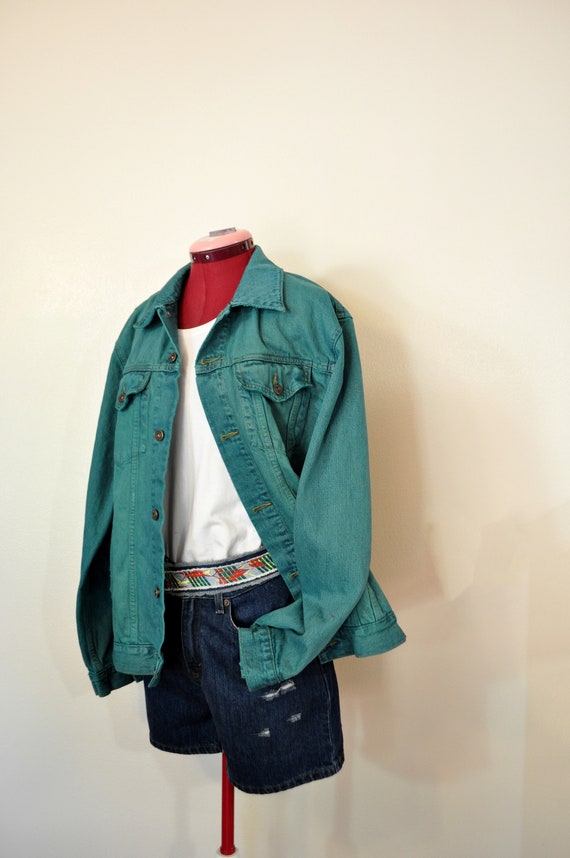 Teal Mens Large Denim JACKET - Blue Green Dyed Upc