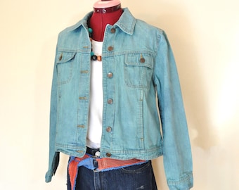 Teal Dyed Adult Womens Medium Upcycled Bill Blass Denim Trucker JACKET (40" chest)