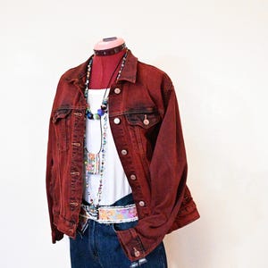 Red Dyed Womens Large Upycled Old Navy Denim Trucker JACKET (44" chest)