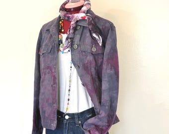 Violet Melierte gefärbte kleine Upcycled Eddie Bauer Leinen Trucker JACKE (40 "Brust)