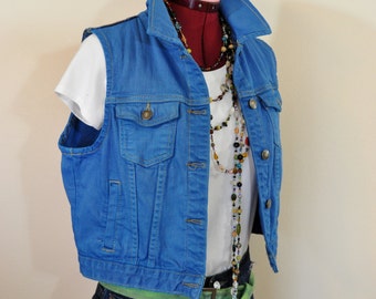 Blue Jrs. Medium Denim VEST - Royal Blue Dyed Upcycled Repurposed Forever 21 Denim Trucker Vest - Adult Womens Sz Juniors Medium (38 chest)