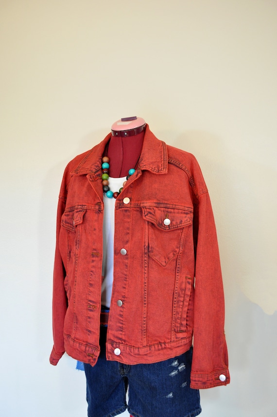 Red Medium Denim JACKET - Scarlet Red Dyed Upcycl… - image 1