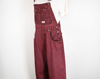 Red Dyed Womens Large Upcycled Lana Roux Denim Bib OVERALL Pants (34W x 30L)