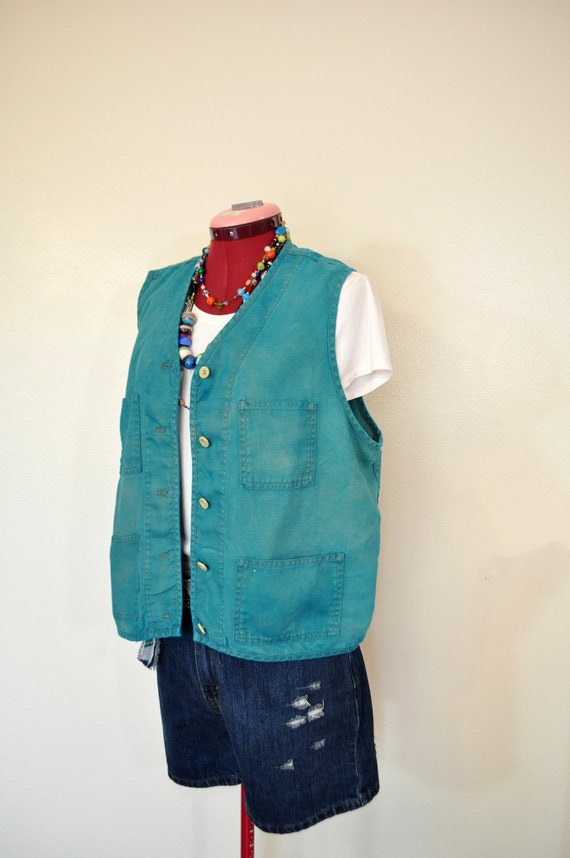 Teal Large Linen VEST - Aqua Green Hand Dyed Upcyc