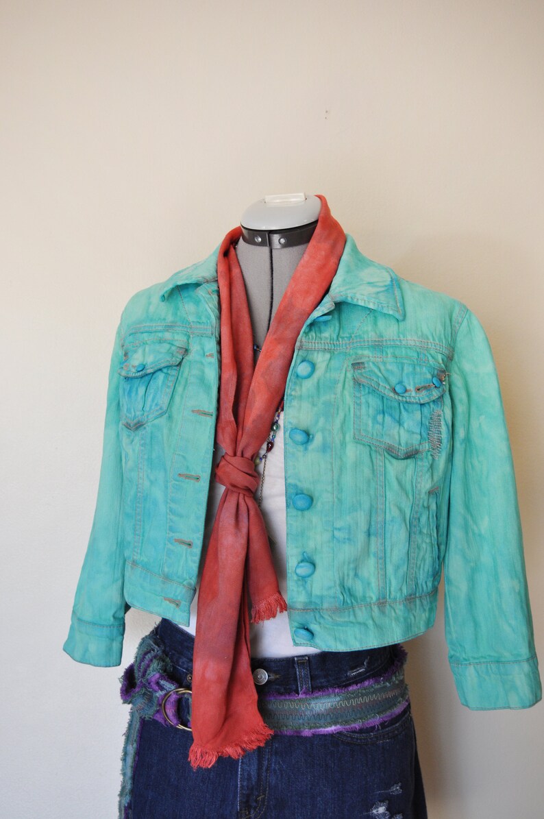 38 chest Green Hand Dyed Upcycled Jolt Denim Trucker Jacket Green Sz Medium Denim JACKET Teen Girls Sz Medium