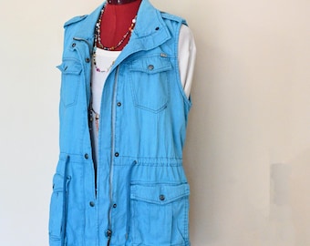 Aqua Dyed Womens Medium Upcycled Max Jeans Cotton Safari VEST (40" chest)