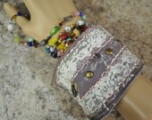 Plum Denim Wristlette CUFF 128 - 9.5 quot Cuff Fiber Textile Art Dye Upcycle Stitched Studded Distressed Indy Denim Jacket Wrist Cuff