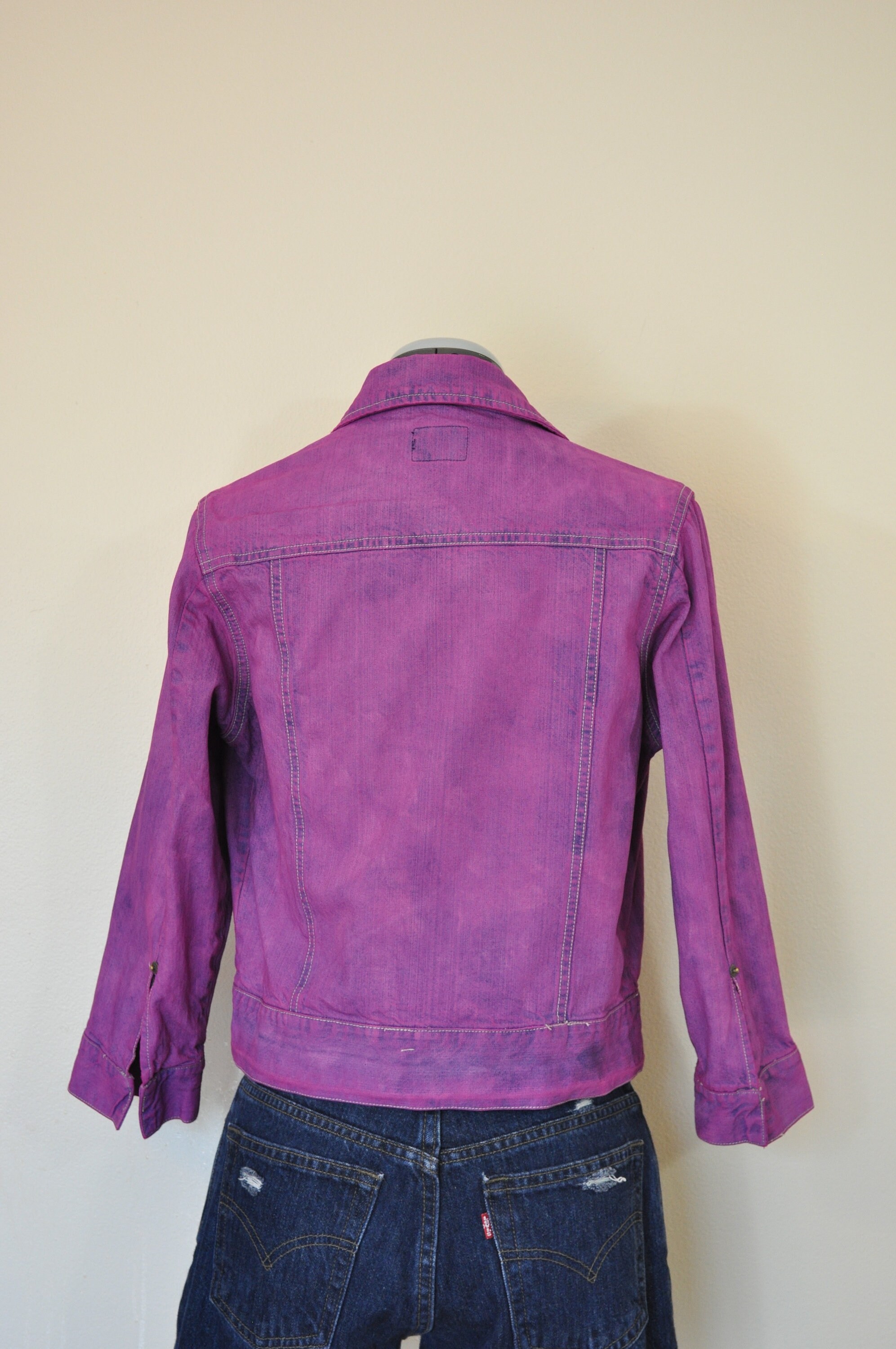 Fuchsia Medium Denim Jacket - Violet Pink Dyed Upcycled Continental Supply Co Denim Trucker Jacket - Juniors Teen Girls Sz Medium (36 Chest)