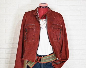 Red Dyed Womens Extra Large Upcycled Tommy Hilfiger Denim Biker JACKET (46" chest)