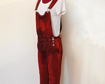 Rot gefärbte kleine Upcycled Karibik Denim Latzhose Latzhose - (32W x 28L)