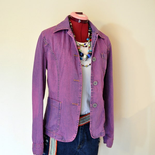 Fuchsia Small Denim JACKET - Pink Violet Dyed Vintage Upcycled J Crew Denim Blazer Jacket - Adult Womens Size Small (38" Chest)