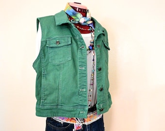 Green Dyed Women's Medium Upcycled J Jill Denim Trucker Vest (44" chest)