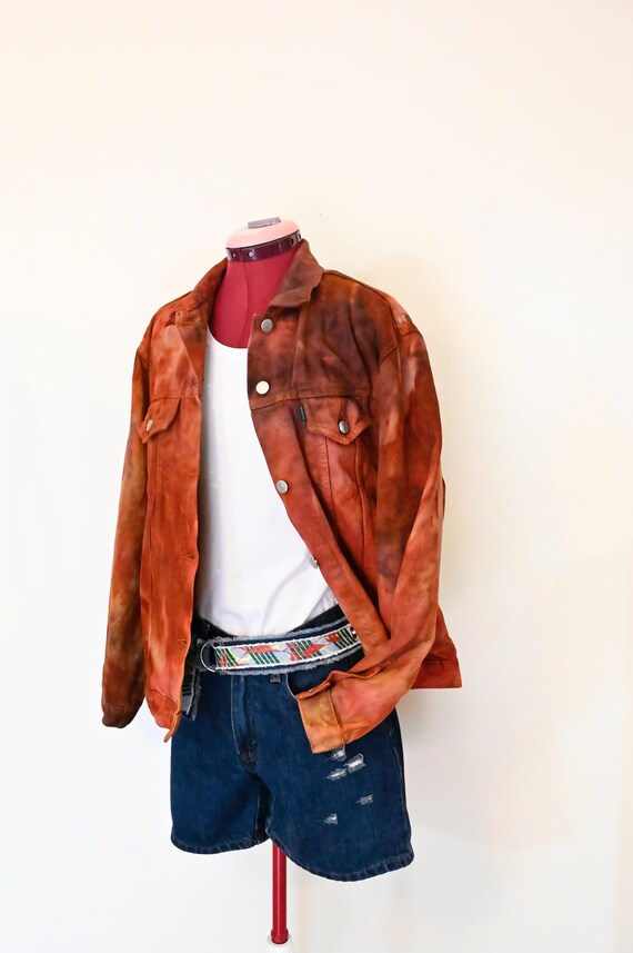 DavidsonStudio Orange Mens Large Denim Jacket Rust Red Brown Tie Dyed Upcycled Capezio Denim Trucker Jacket Adult Mens Size Large 42 Chest