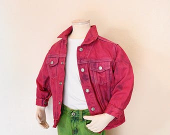 Fuchsia Dyed Boys 4 Small Upcycled Children's Place Denim Trucker JACKET (30" chest)