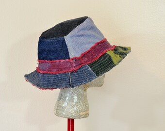 Dyed Denim 27" Oversized Beach Bucket Sun HAT #253 - Rustic Blue Red Green Upcycled Denim Faded Fringed Frayed - Adult XXL Extra Large 27"