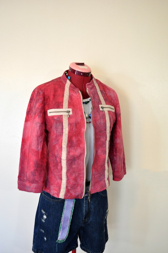 Pink Small Linen Jacket - Cherry Red Dyed Upcycled