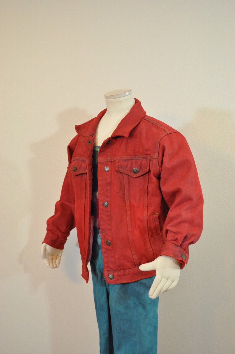 Childrens Boys Medium Large 34 chest Scarlet Red Dyed Upcycled Faded Glory Kids Denim Trucker Jacket Red Boys Sz 6 Year Denim JACKET