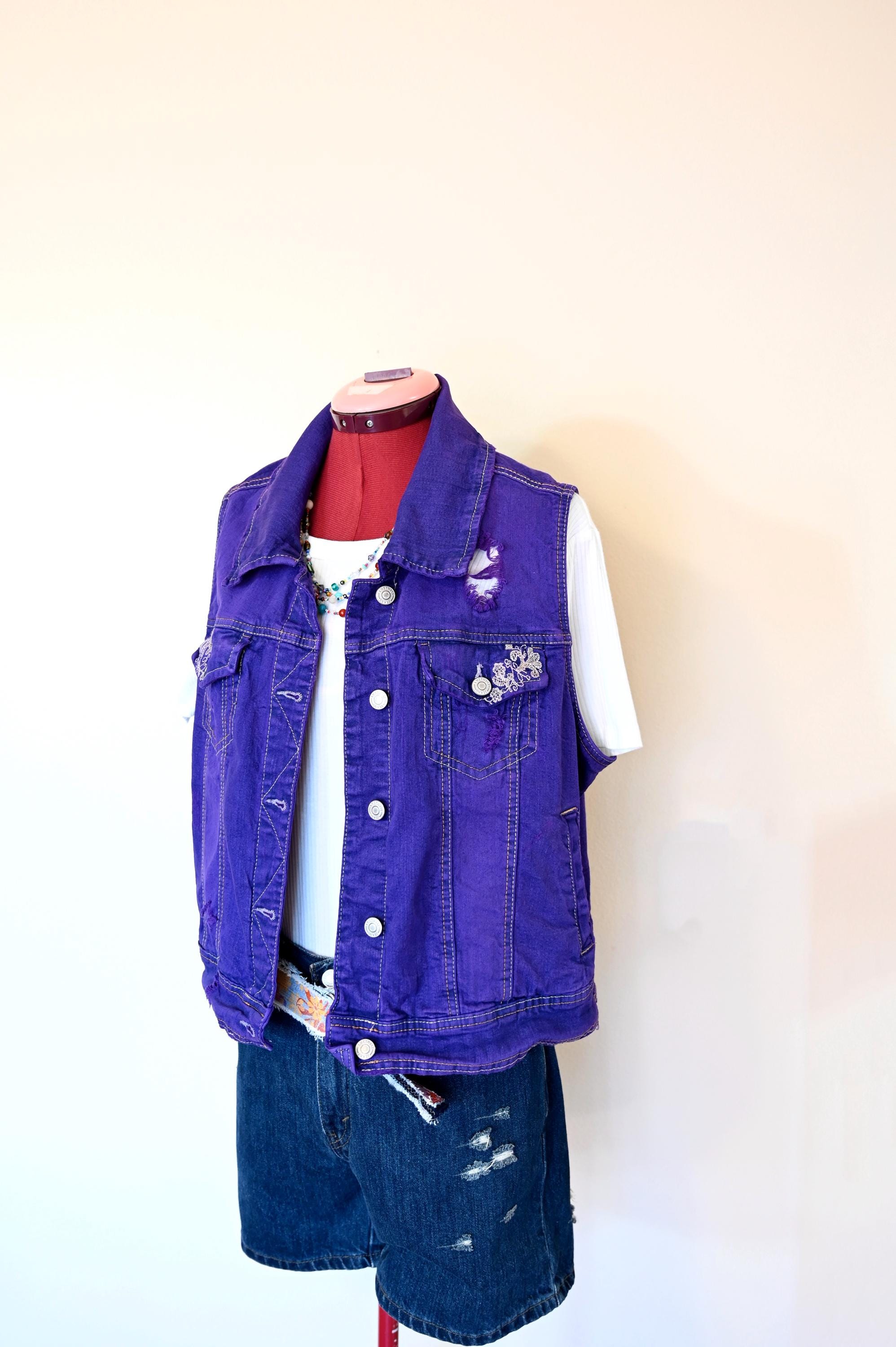 Violet Womens XL Denim VEST - Purple Solid Dyed Upcycled Amethyst 