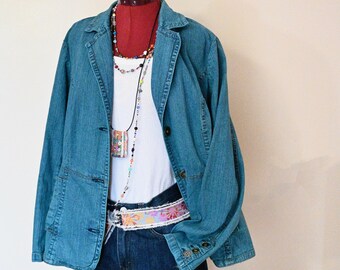 Teal Dyed Womens Extra Large Upcycled St. Johns Bay Denim Blazer JACKET (48" chest)