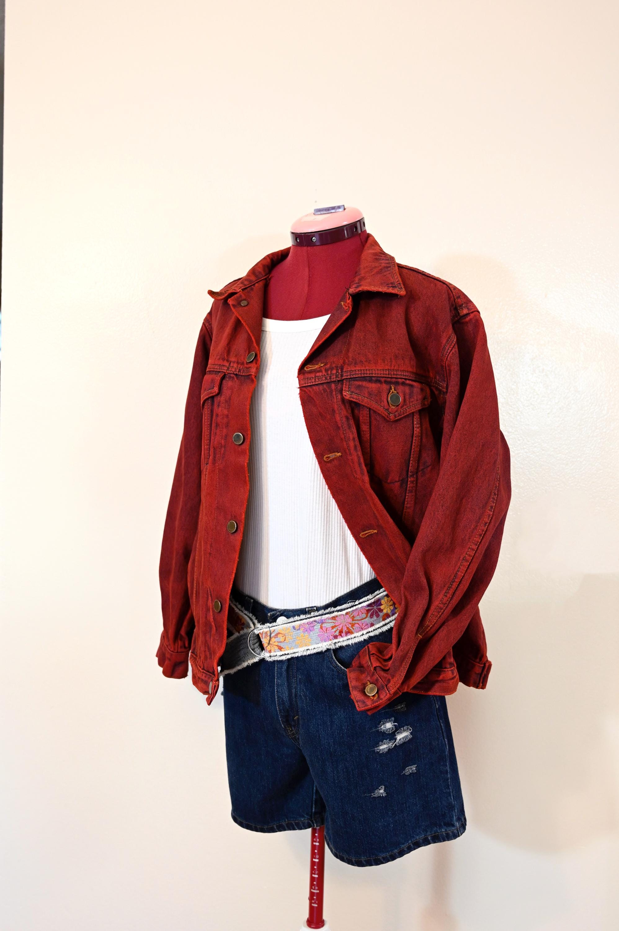 Red Dyed Mens Medium Upcycled Greenland 90s Denim Trucker JACKET