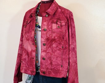 Wine Large Cotton Jacket - Red Mottled Dyed Upcycled Motto Cotton Denim Trucker Jacket - Adult Women Size Large (44 chest)