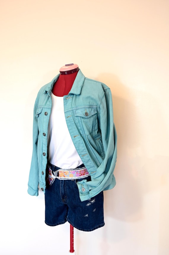 Teal Mens Medium Denim JACKET Celadon Mint Green Dyed Upcycled