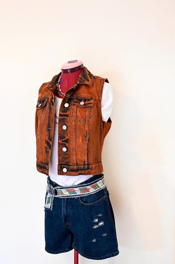 アメリ　VINTAGE VEST LAYERED DENIM JACKET Orange Womens Jrs. Medium Denim VEST - Orange Solid Dyed