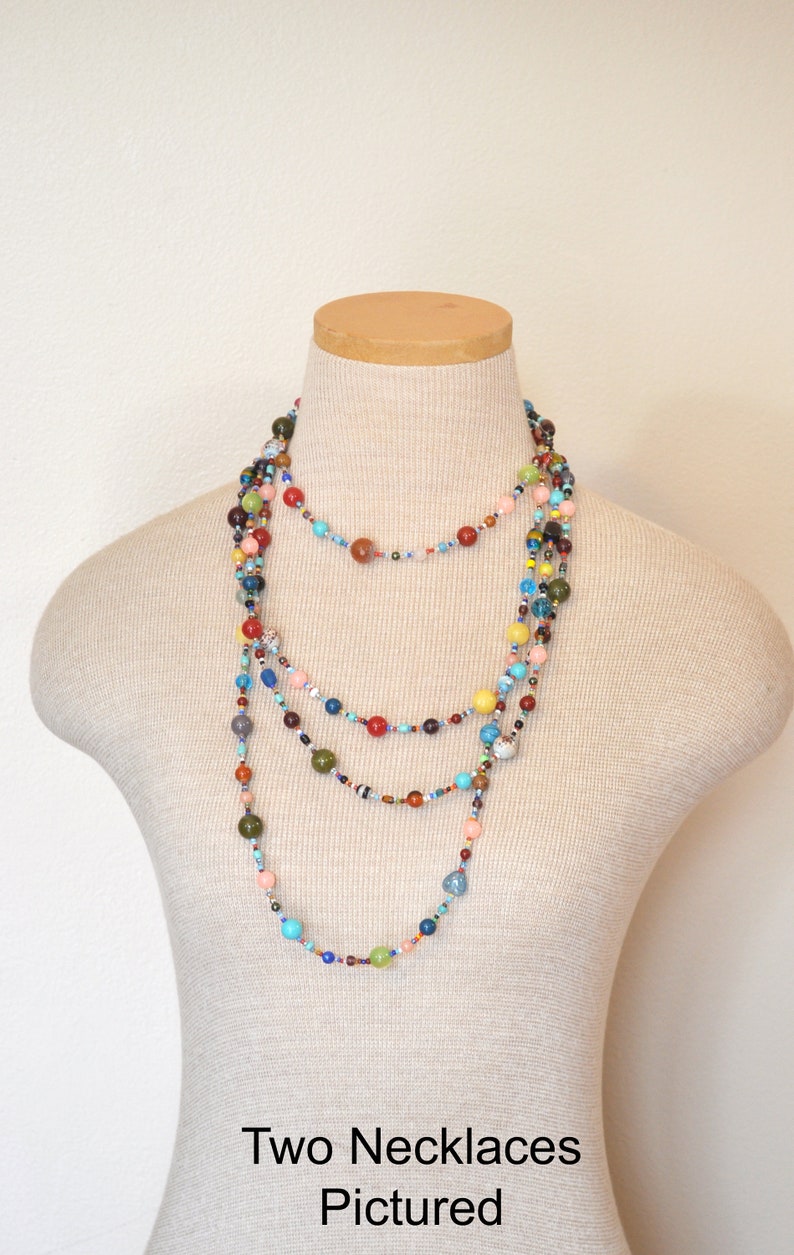 Beaded NECKLACE 48 Goes with Everything Necklace 117 Multiple Pastel Colors Orange Green Red Aqua Gold Seed Bead Glass Bead Long 24