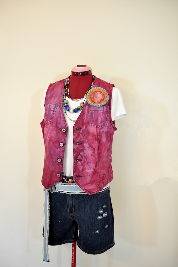 Raspberry Large Denim VEST - Dark Red Wine Dyed Up