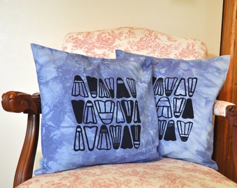 Blue Dyed Pillow Cover with Blue Ink Shuttlecock Badminton Birdie Screen Print Design - 16" x 16"