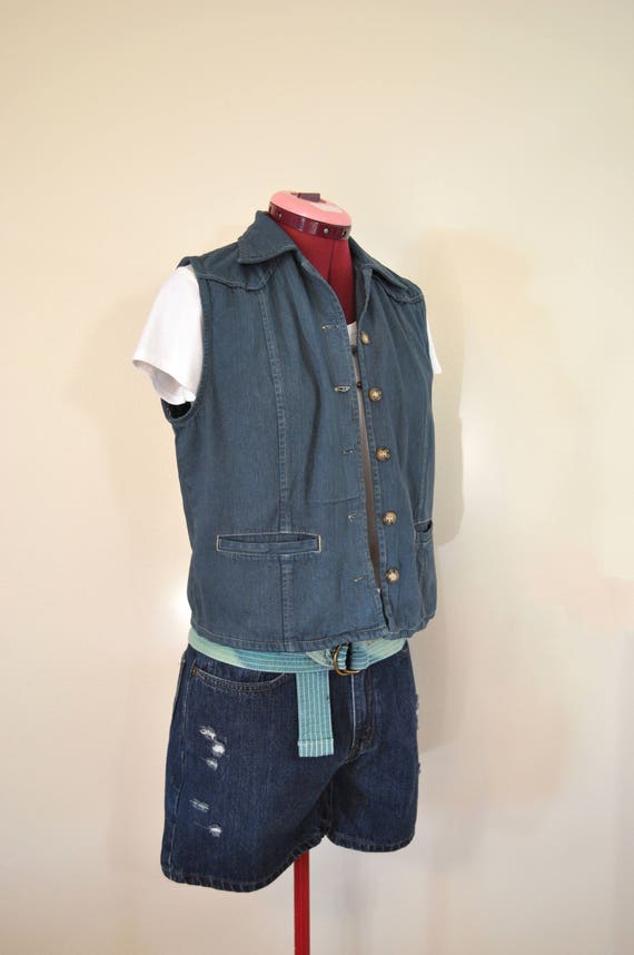 Green Small Denim VEST - Dark Green Dyed Upcycled… - image 2