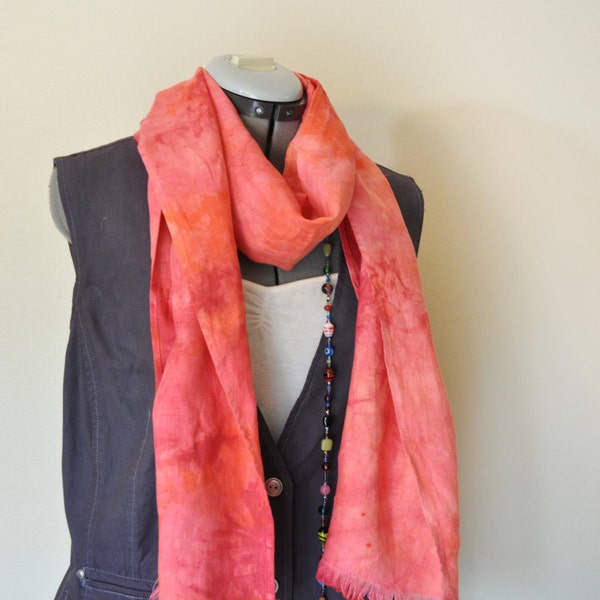 Red Orange Linen SCARF - Orange Red Cherry Pink Multicolor Hand Dyed Tie Dye Hand Made Linen Scarf #15 - 12" x 72"