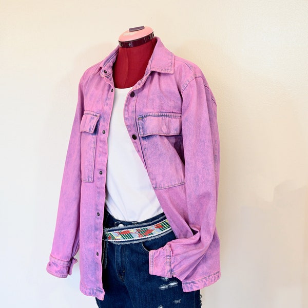 Pink Mens Small Denim JACKET - Pink Dyed Upcycled Vintage No Boundaries Denim Trucker Barn Jacket - Adult Mens Extra Small (40" chest)