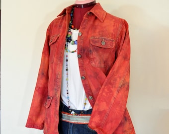 Red Mottled Dyed Womens Small Upcycled Cherokee Denim Barn JACKET (40" chest)