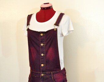 Dark Red Dyed Womens Small Upcycled Denim Bib OVERALL Shortalls (32W x 4L)