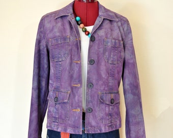 Violet Mottled Dyed Womens Small Upcycled Cherokee Denim Safari JACKET (40" chest)