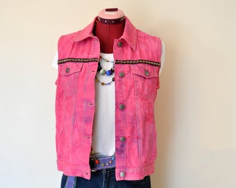 Pink Small Denim VEST - Fuchsia Pink Hand Dyed Urban Upcycled Cherokee Cotton Denim Vest - Adult Womens Small (38 chest)