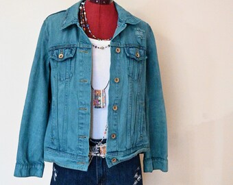 Teal Dyed Womens Large Upcycled Old Navy Denim Trucker JACKET (42" chest)