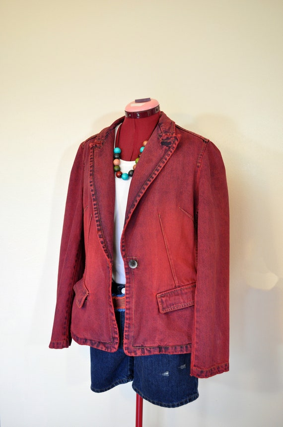 Red XL Denim JACKET - Scarlet Red Dyed Upcycled Vi