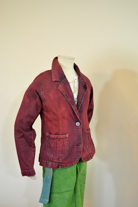 Kids Red 7/8 Denim JACKET - Ruby Red Dyed Upcycled